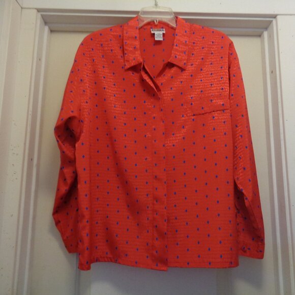 VINTAGE HOT OFFICE SIREN RED W BLUE DOTS SHINEY BLOUSE BY KORET CAREER 16 - Picture 1 of 8